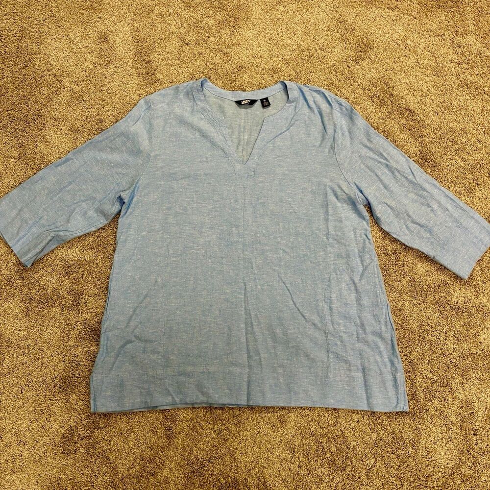 LANDS’ END Split Neck 3/4 Sleeve Tunic Linen Blend Shirt Women’s Size XL Blue